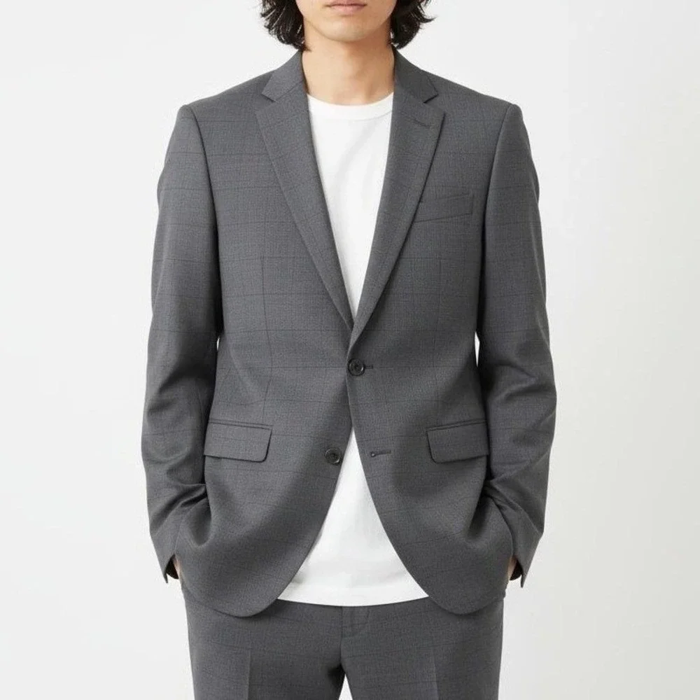 Bar III Slim-Fit Blazer Mens 38L Sharkskin Gray Window Wool Suit Jacket $425 NEW